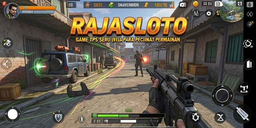 Tangkapan layar utama RAJASLOTO menunjukkan aksi gameplay TPS yang mendebarkan.